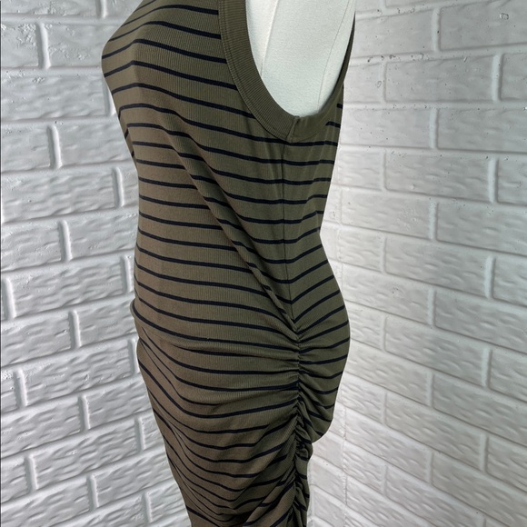 MICHAEL STARS WREN MIDI BODYCON DRESS RIBBED KNIT OLIVE GREEN NAVY STRIPES SZ LG